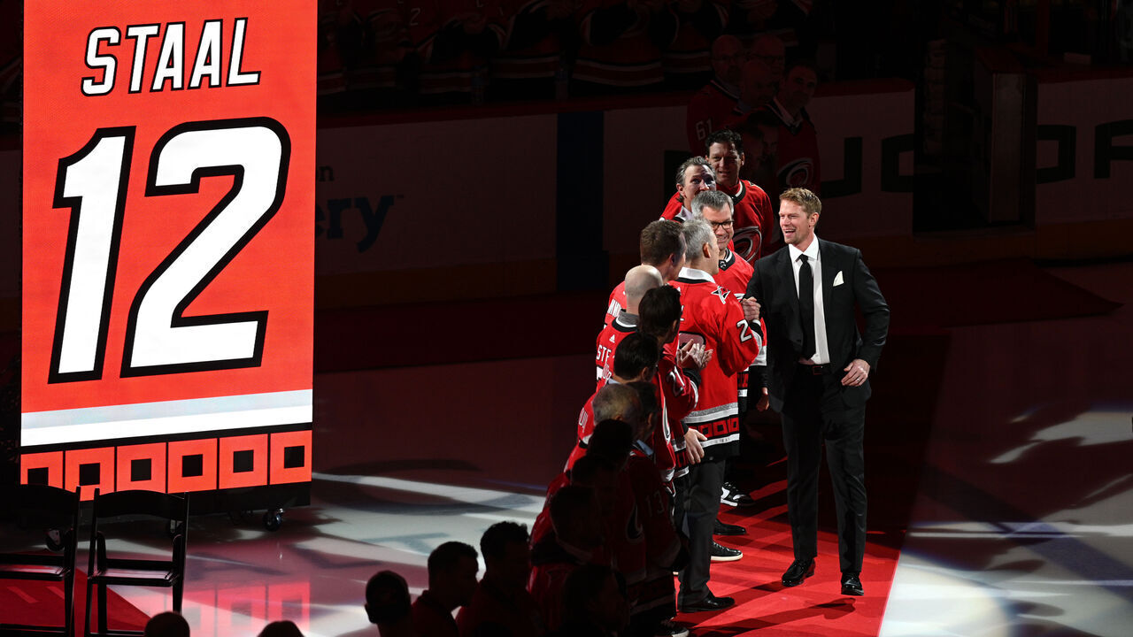 RALEIGH, NC - JANUARY 12: Carolina Hurricanes alumnus Eric Staal greets former teammates during his jersey retirement ceremony prior to the NHL game between the Anaheim Ducks and the Carolina Hurricanes on January 12, 2025 at Lenovo Center in Raleigh, North Carolina.