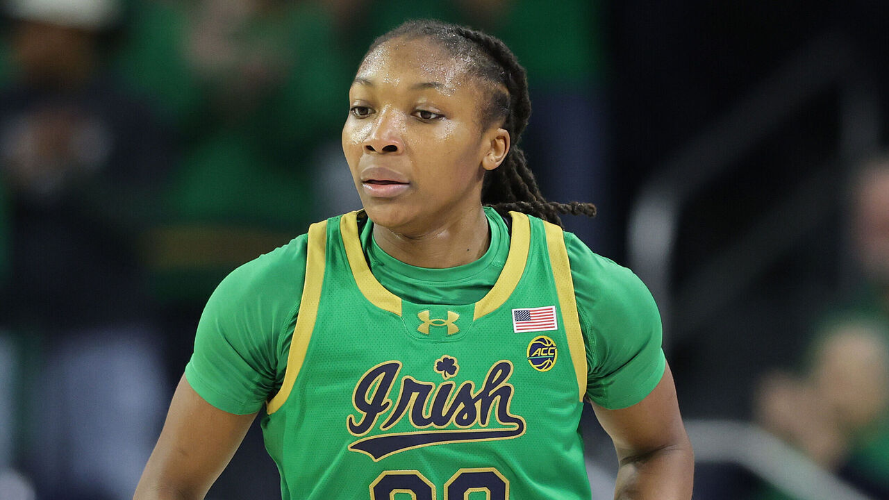 SOUTH BEND, INDIANA - DECEMBER 12: Liatu King #20 of the Notre Dame Fighting Irish looks on against the UConn Huskies during the first half at Purcell Pavilion at the Joyce Center on December 12, 2024 in South Bend, Indiana.