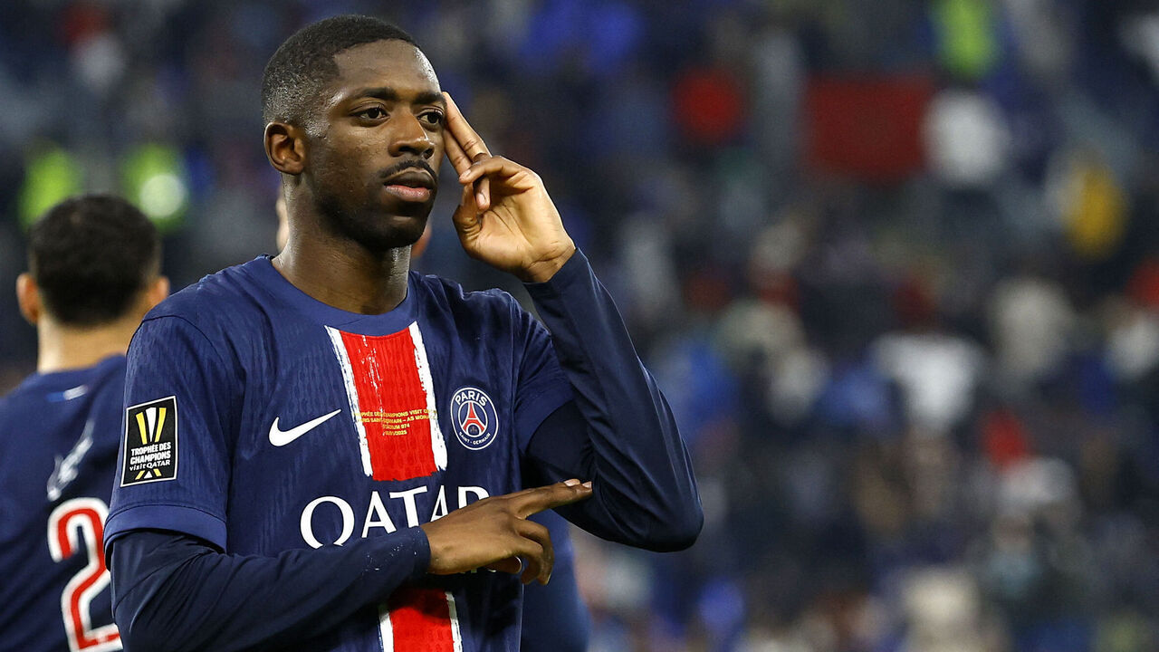 Paris Saint-Germain's French forward #10 Ousmane Dembele celebrates scoring his team's first goal during the French Champions' Trophy (Trophee des Champions) final football match between Paris Saint-Germain (PSG) and AS Monaco (ASM) at the Stadium 974 in Doha on January 5, 2025.