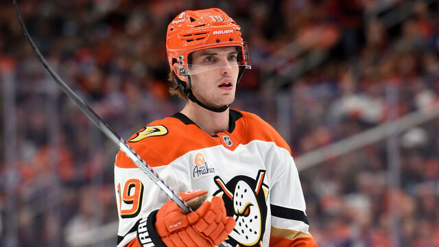 EDMONTON, CANADA - JANUARY 3: Troy Terry #19 of the Anaheim Ducks looks on during stoppage in play during the game against the Edmonton Oilers at Rogers Place on January 3, 2025, in Edmonton, Alberta, Canada.