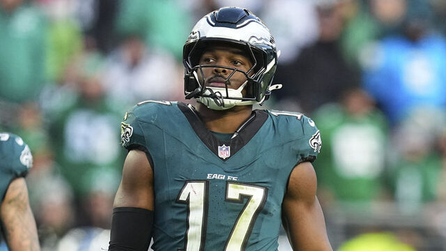 PHILADELPHIA, PENNSYLVANIA - DECEMBER 8: Nakobe Dean #17 and Zack Baun #53 of the Philadelphia Eagles look on against the Carolina Panthers at Lincoln Financial Field on December 8, 2024 in Philadelphia, Pennsylvania.