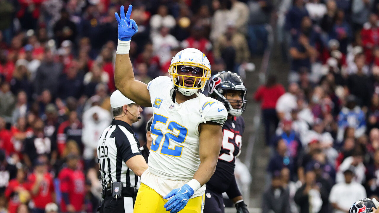 HOUSTON, TEXAS - JANUARY 11: Khalil Mack #52 of the Los Angeles Chargers celebrates a sack against the Houston Texans in the second quarter during the AFC Wild Card Playoffs at NRG Stadium on January 11, 2025 in Houston, Texas.