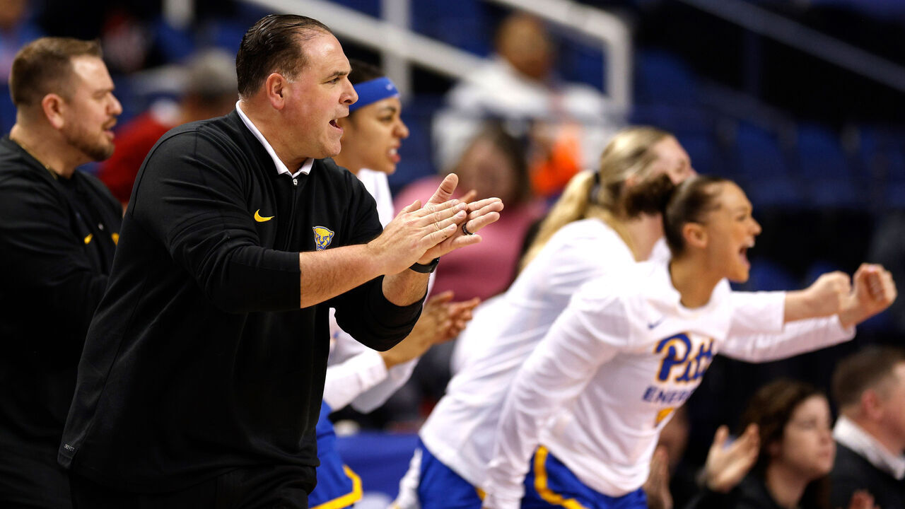 GREENSBORO, NORTH CAROLINA - MARCH 6: Head coach Tory Verdi of the Pittsburgh Panthers reacts during the first half of the game against the Georgia Tech Yellow Jackets in the First Round of the ACC Women's Basketball Tournament at Greensboro Coliseum on March 6, 2024 in Greensboro, North Carolina.