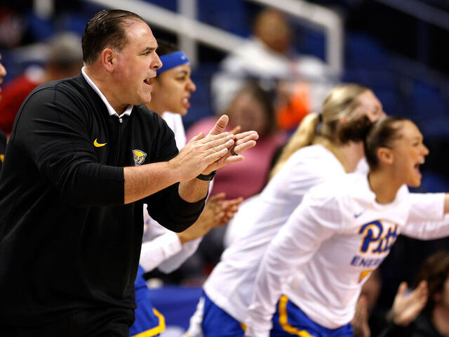 GREENSBORO, NORTH CAROLINA - MARCH 6: Head coach Tory Verdi of the Pittsburgh Panthers reacts during the first half of the game against the Georgia Tech Yellow Jackets in the First Round of the ACC Women's Basketball Tournament at Greensboro Coliseum on March 6, 2024 in Greensboro, North Carolina.