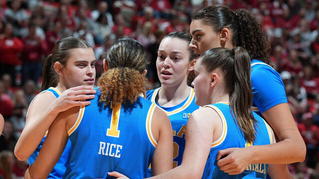 BLOOMINGTON, IN - JANUARY 04: UCLA Bruins center Lauren Betts (51) huddles with her team in a women's basketball game against the Indiana Hoosiers on January 4, 2025, at Simon Skjodt Assembly Hall in Bloomington, Indiana.