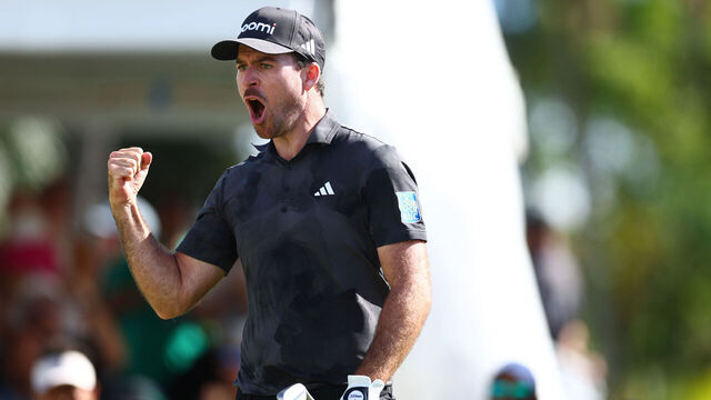 HONOLULU, HAWAII - JANUARY 12: Nick Taylor of Canada reacts after chipping in for an eagle on the 18th green during the final round of the Sony Open in Hawaii 2025 at Waialae Country Club on January 12, 2025 in Honolulu, Hawaii.