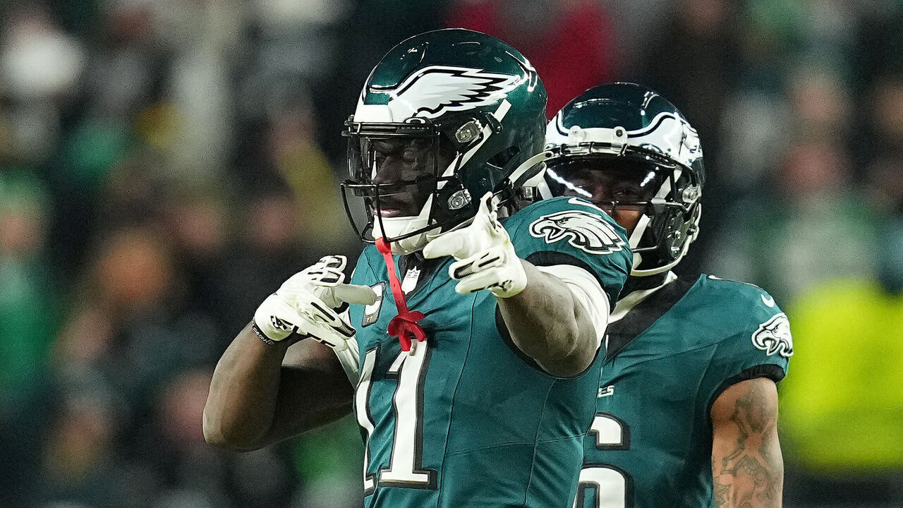 PHILADELPHIA, PENNSYLVANIA - JANUARY 12: A.J. Brown #11 of the Philadelphia Eagles reacts in the fourth quarter of a game against the Green Bay Packers during the NFC Wild Card Playoff at Lincoln Financial Field on January 12, 2025 in Philadelphia, Pennsylvania.