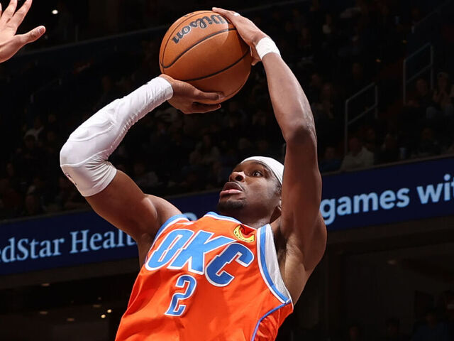 WASHINGTON, DC - JANUARY 12: Shai Gilgeous-Alexander #2 of the Oklahoma City Thunder shoots the ball during the game against the Washington Wizards on January 12, 2025 at Capital One Arena in Washington, DC. Mandatory Copyright Notice: Copyright 2025 NBAE