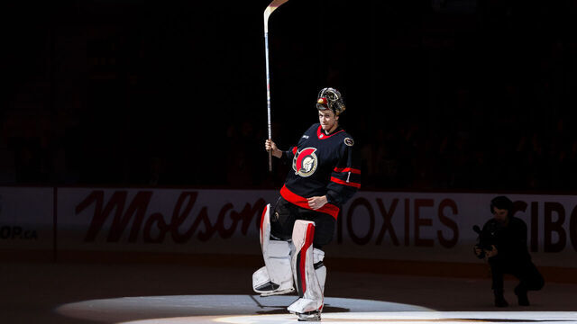 OTTAWA, ON - JANUARY 12: Ottawa Senators Goalie Leevi Merilainen (1) during three stars National Hockey League action between the Dallas Stars and Ottawa Senators on January 12, 2025, at Canadian Tire Centre in Ottawa, ON, Canada.