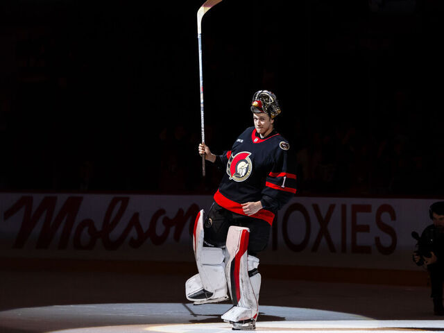 OTTAWA, ON - JANUARY 12: Ottawa Senators Goalie Leevi Merilainen (1) during three stars National Hockey League action between the Dallas Stars and Ottawa Senators on January 12, 2025, at Canadian Tire Centre in Ottawa, ON, Canada.