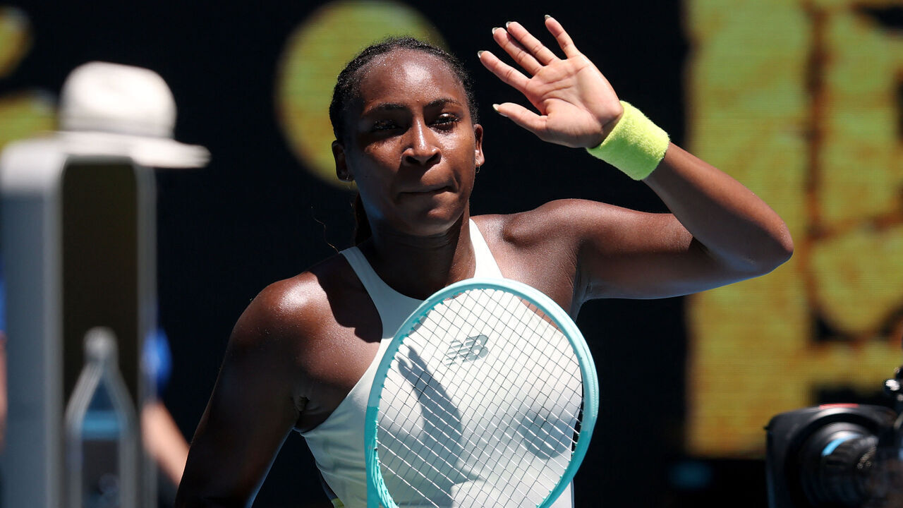USA's Coco Gauff celebrates victory over compatriot Sofia Kenin after their women's singles match on day two of the Australian Open tennis tournament in Melbourne on January 13, 2025.