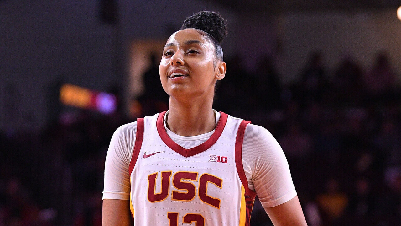 LOS ANGELES, CA - JANUARY 12: USC Trojans guard JuJu Watkins (12) gets ready to shoot a free throw during the women's college basketball game between the Penn State Nitty Lions and the USC Trojans on January 12, 2025 at Galen Center in Los Angeles, CA.