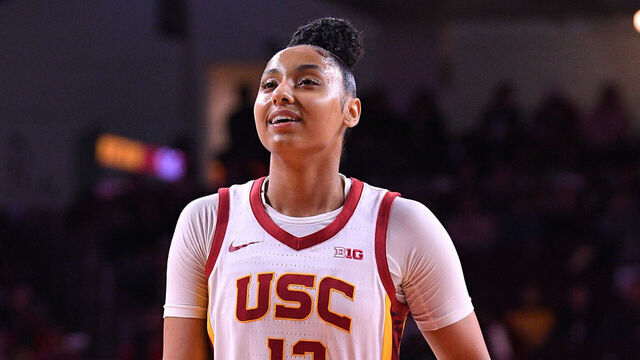 LOS ANGELES, CA - JANUARY 12: USC Trojans guard JuJu Watkins (12) gets ready to shoot a free throw during the women's college basketball game between the Penn State Nitty Lions and the USC Trojans on January 12, 2025 at Galen Center in Los Angeles, CA.