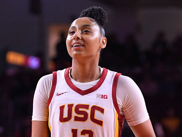 LOS ANGELES, CA - JANUARY 12: USC Trojans guard JuJu Watkins (12) gets ready to shoot a free throw during the women's college basketball game between the Penn State Nitty Lions and the USC Trojans on January 12, 2025 at Galen Center in Los Angeles, CA.