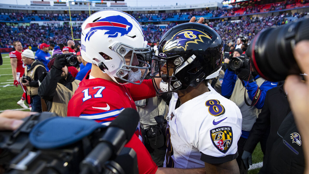 ORCHARD PARK, NY - DECEMBER 08: Josh Allen #17 of the Buffalo Bills shakes hands with Lamar Jackson #8 of the Baltimore Ravens after the game at New Era Field on December 8, 2019 in Orchard Park, New York. Baltimore defeats Buffalo 24-17.
