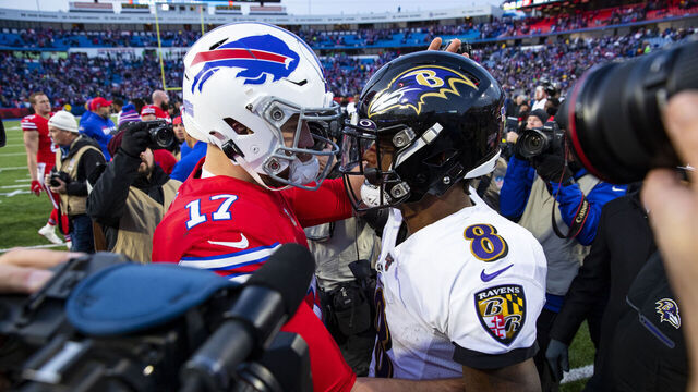 ORCHARD PARK, NY - DECEMBER 08: Josh Allen #17 of the Buffalo Bills shakes hands with Lamar Jackson #8 of the Baltimore Ravens after the game at New Era Field on December 8, 2019 in Orchard Park, New York. Baltimore defeats Buffalo 24-17.