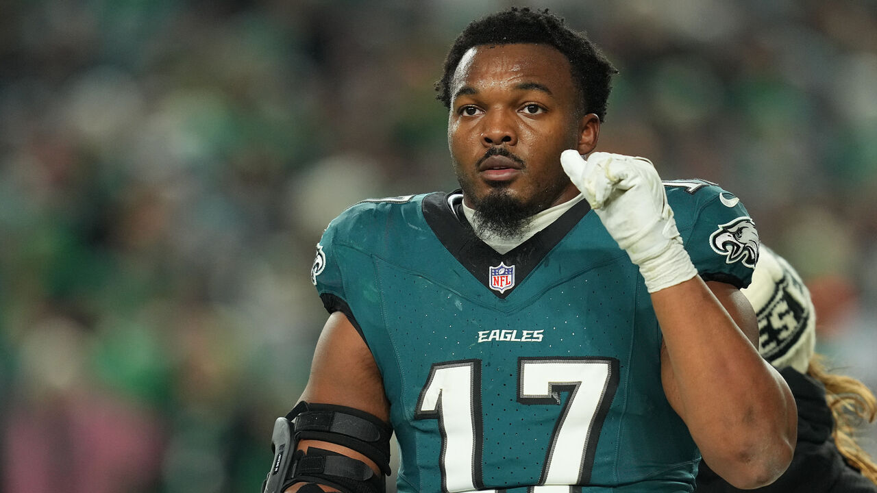 PHILADELPHIA, PENNSYLVANIA - JANUARY 12: Nakobe Dean #17 of the Philadelphia Eagles is carted off after sustaining an injury in the second quarter of a game against the Green Bay Packers during the NFC Wild Card Playoff at Lincoln Financial Field on January 12, 2025 in Philadelphia, Pennsylvania.