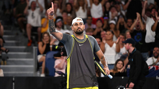 Australia's Nick Kyrgios reacts after winning a game against Britain's Jacob Fearnley during their men's singles match on day two of the Australian Open tennis tournament in Melbourne on January 13, 2025.