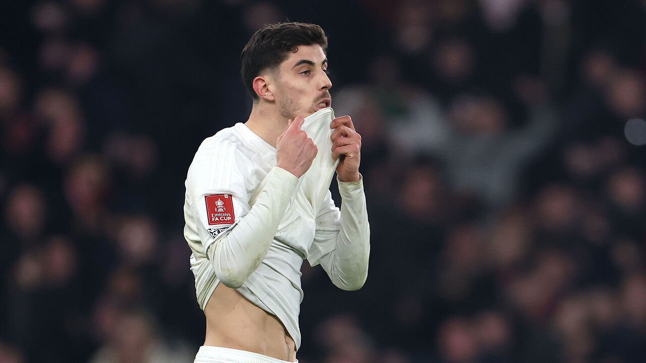 LONDON, ENGLAND - JANUARY 12: Kai Havertz of Arsenal reacts to missing his penalty in the shoot-out during the Emirates FA Cup Third Round match between Arsenal and Manchester United at Emirates Stadium on January 12, 2025 in London, England.