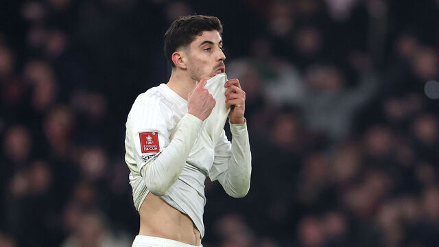 LONDON, ENGLAND - JANUARY 12: Kai Havertz of Arsenal reacts to missing his penalty in the shoot-out during the Emirates FA Cup Third Round match between Arsenal and Manchester United at Emirates Stadium on January 12, 2025 in London, England.