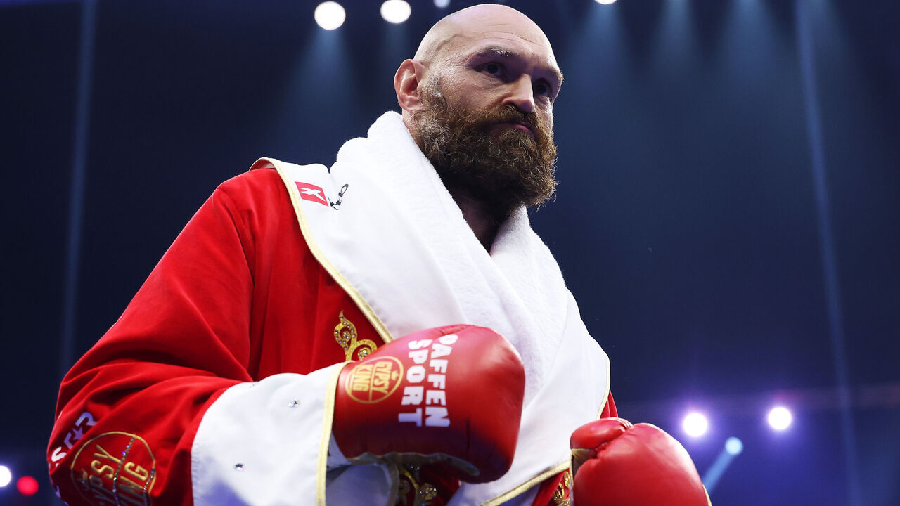 RIYADH, SAUDI ARABIA - DECEMBER 21: Tyson Fury looks on ahead of the IBF, IBO, WBA, WBC and WBO Undisputed World Heavyweight titles' fight between Oleksandr Usyk and Tyson Fury as part of Oleksandr Usyk v Tyson Fury 2, Reignited card at Kingdom Arena on December 21, 2024 in Riyadh, Saudi Arabia.