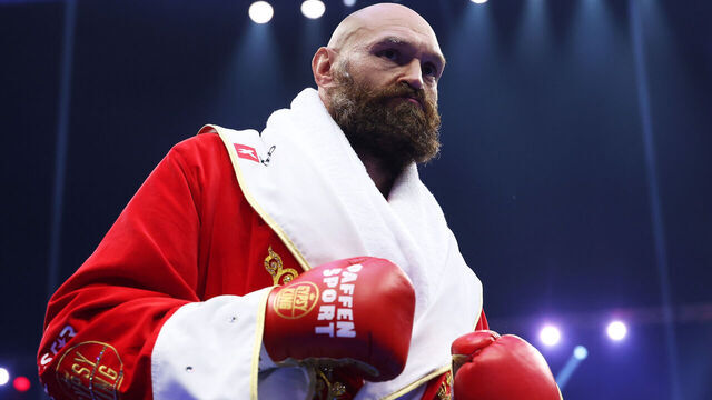 RIYADH, SAUDI ARABIA - DECEMBER 21: Tyson Fury looks on ahead of the IBF, IBO, WBA, WBC and WBO Undisputed World Heavyweight titles' fight between Oleksandr Usyk and Tyson Fury as part of Oleksandr Usyk v Tyson Fury 2, Reignited card at Kingdom Arena on December 21, 2024 in Riyadh, Saudi Arabia.