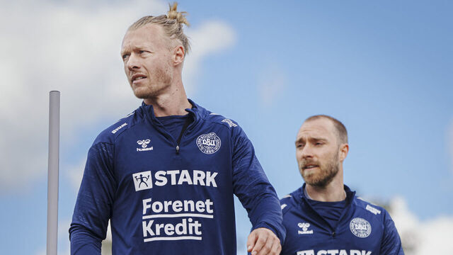 Denmark's Simon Kjaer and Christian Eriksen attend the national team's training in Freudenstadt, Germany, on June 13, 2024 ahead of the UEFA Euro 2024 European Football Championship.