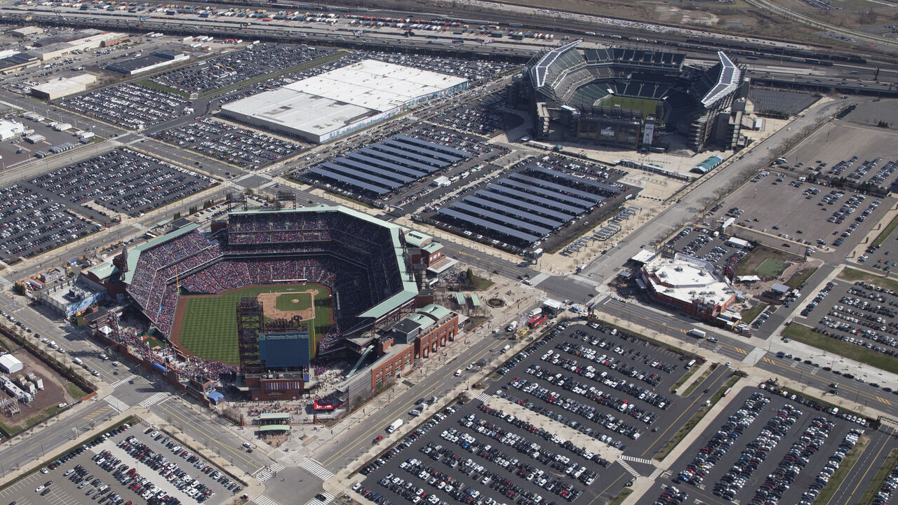 PHILADELPHIA, PA - APRIL 05: An aerial general view of Citizens Bank Park, Lincoln Financial Field and the Wells Fargo Center during the game between the Miami Marlins and Philadelphia Phillies on April 5, 2018 in Philadelphia, Pennsylvania.
