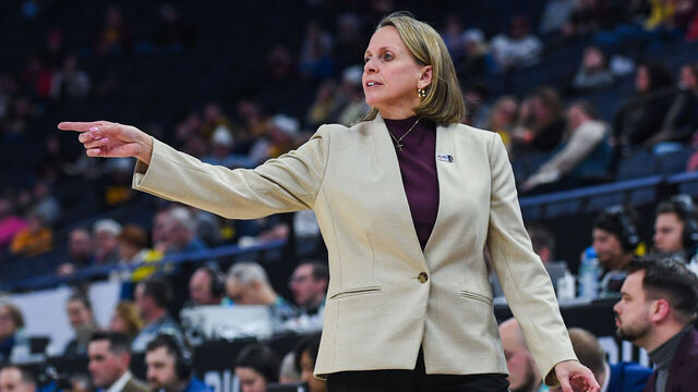 MINNEAPOLIS, MINNESOTA - MARCH 07: Head Women's Basketball Coach Dawn Plitzuweit of the Minnesota Golden Gophers reacts during the second half of a Big Ten Women's Basketball Tournament second round game against the Michigan Wolverines at Target Center on March 07, 2024 in Minneapolis, Minnesota. The Michigan Wolverines won the game 76-57.
