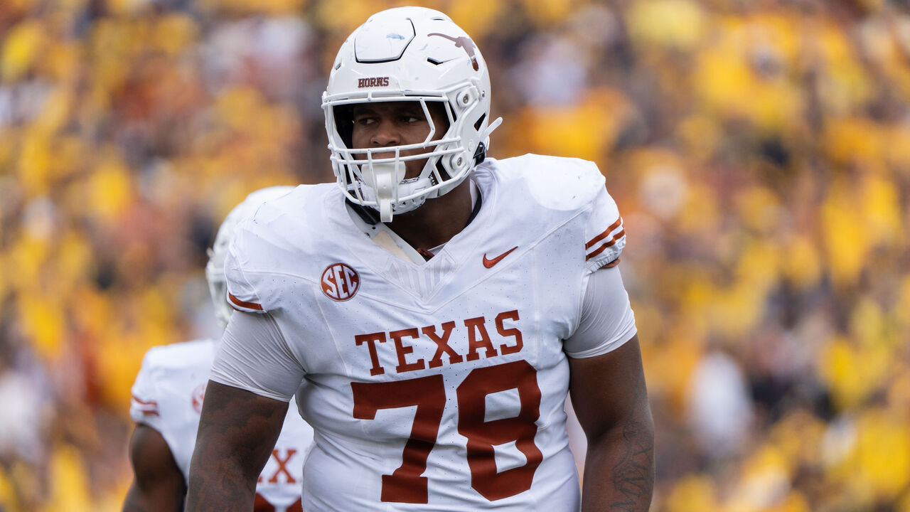 ANN ARBOR, MICHIGAN - SEPTEMBER 7: Kelvin Banks of the Texas Longhorns lines up for a play at Michigan Stadium on September 7, 2024 in Ann Arbor, Michigan.
