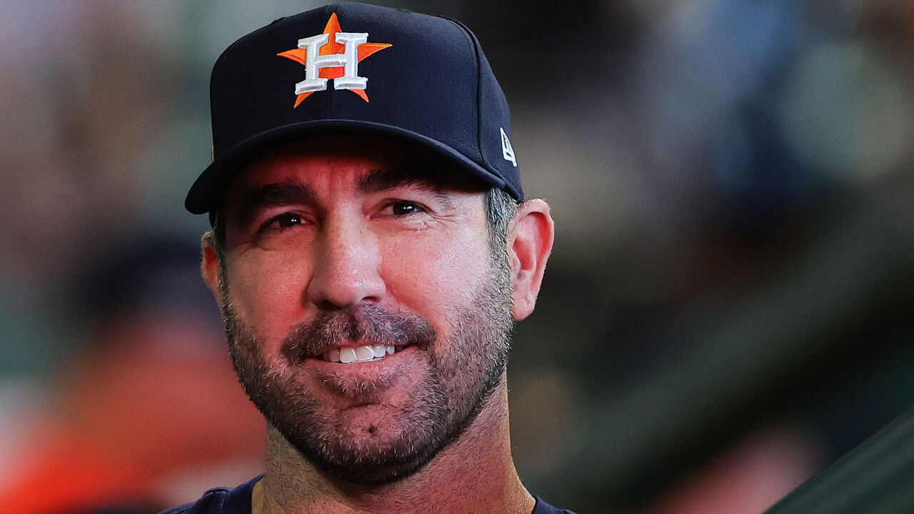HOUSTON, TEXAS - OCTOBER 02: Justin Verlander #35 of the Houston Astros looks on prior to Game Two of the Wild Card Series against the Detroit Tigers at Minute Maid Park on October 02, 2024 in Houston, Texas.