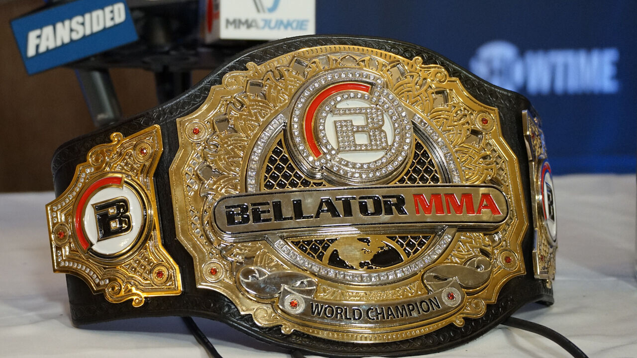CHICAGO, IL - JUNE 13: The official Bellator belt sits on the desk ahead of the Bellator 297 media day on June 13, 2023, at the Palmer House Hotel in Chicago, IL.