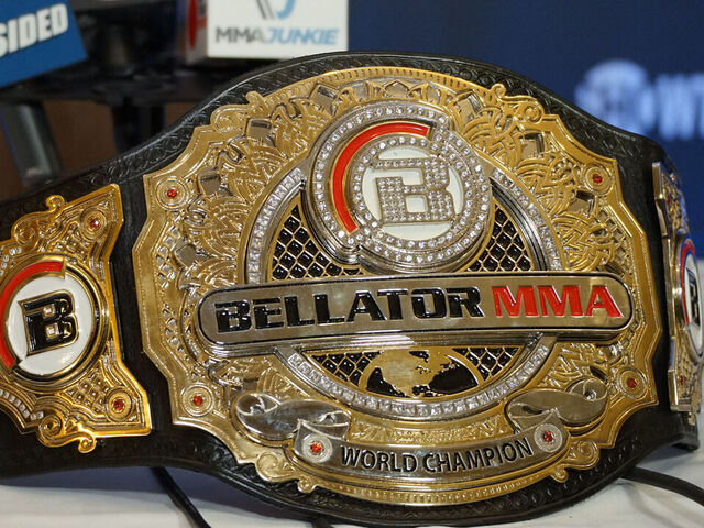 CHICAGO, IL - JUNE 13: The official Bellator belt sits on the desk ahead of the Bellator 297 media day on June 13, 2023, at the Palmer House Hotel in Chicago, IL.