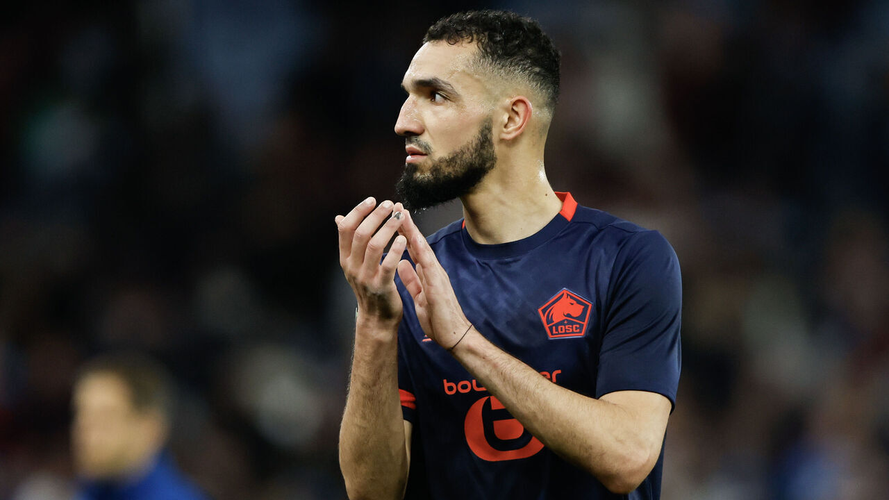 BIRMINGHAM, ENGLAND - APRIL 11: Nabil Bentaleb of Lille OSC reacts at full time during the UEFA Europa Conference League 2023/24 Quarter-final first leg match between Aston Villa and Lille OSC at Villa Park on April 11, 2024 in Birmingham, England.