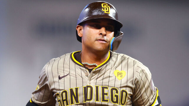 MIAMI, FLORIDA - AUGUST 11: Donovan Solano #39 of the San Diego Padres rounds the bases after hitting a home run against the Miami Marlins during the eighth inning of the game at loanDepot park on August 11, 2024 in Miami, Florida.