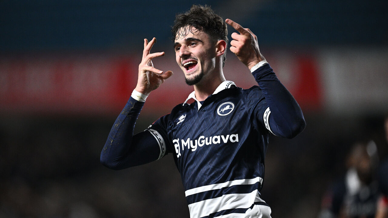 LONDON, ENGLAND - JANUARY 13: Mihailo Ivanovic of Millwall F.C. celebrates after scoring opening goal during the Emirates FA Cup Third Round match between Millwall and Dagenham & Redbridge at The Den on January 13, 2025 in London, England.