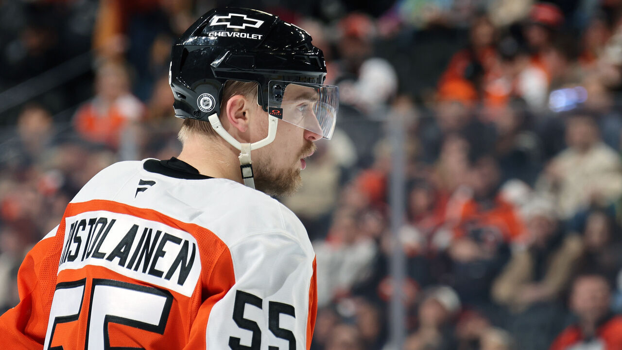 PHILADELPHIA, PENNSYLVANIA - DECEMBER 19: Rasmus Ristolainen #55 of the Philadelphia Flyers looks on during a stoppage in play against the Los Angeles Kings at the Wells Fargo Center on December 19, 2024 in Philadelphia, Pennsylvania.