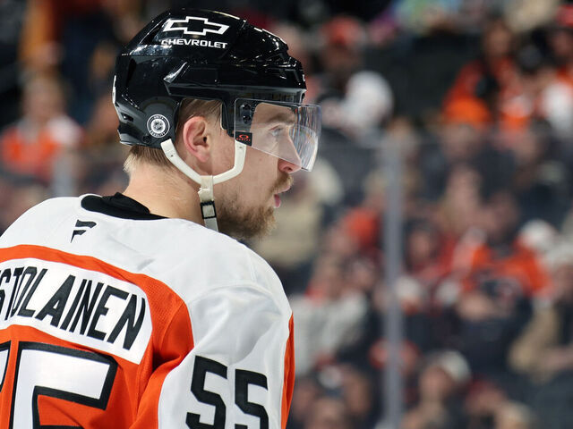 PHILADELPHIA, PENNSYLVANIA - DECEMBER 19: Rasmus Ristolainen #55 of the Philadelphia Flyers looks on during a stoppage in play against the Los Angeles Kings at the Wells Fargo Center on December 19, 2024 in Philadelphia, Pennsylvania.