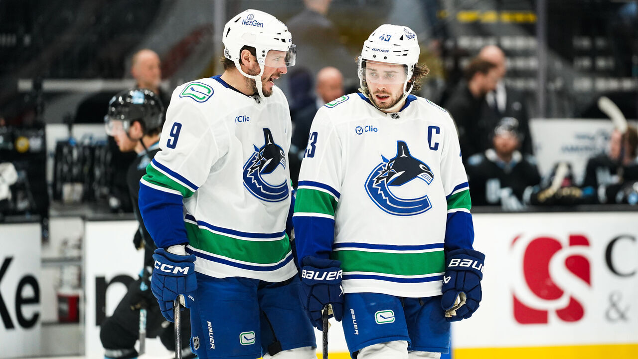 SALT LAKE CITY, UT - DECEMBER 18: Vancouver Canucks Center J.T. Miller (9) and Vancouver Canucks Defenseman Quinn Hughes (43) as seen during an NHL game between the Vancouver Canucks and the Utah Hockey Club on December 18, 2024 at the Delta Center in Salt Lake City, UT.