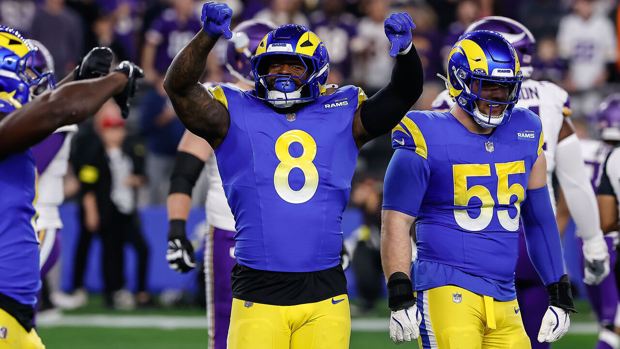 GLENDALE, AZ - JANUARY 13: Los Angeles Rams linebacker Jared Verse (8) reacts to a big play during the NFL Wild Card Playoff football game between the Minnesota Vikings and the Los Angeles Rams on January 13, 2025, at State Farm Stadium in Glendale, AZ.