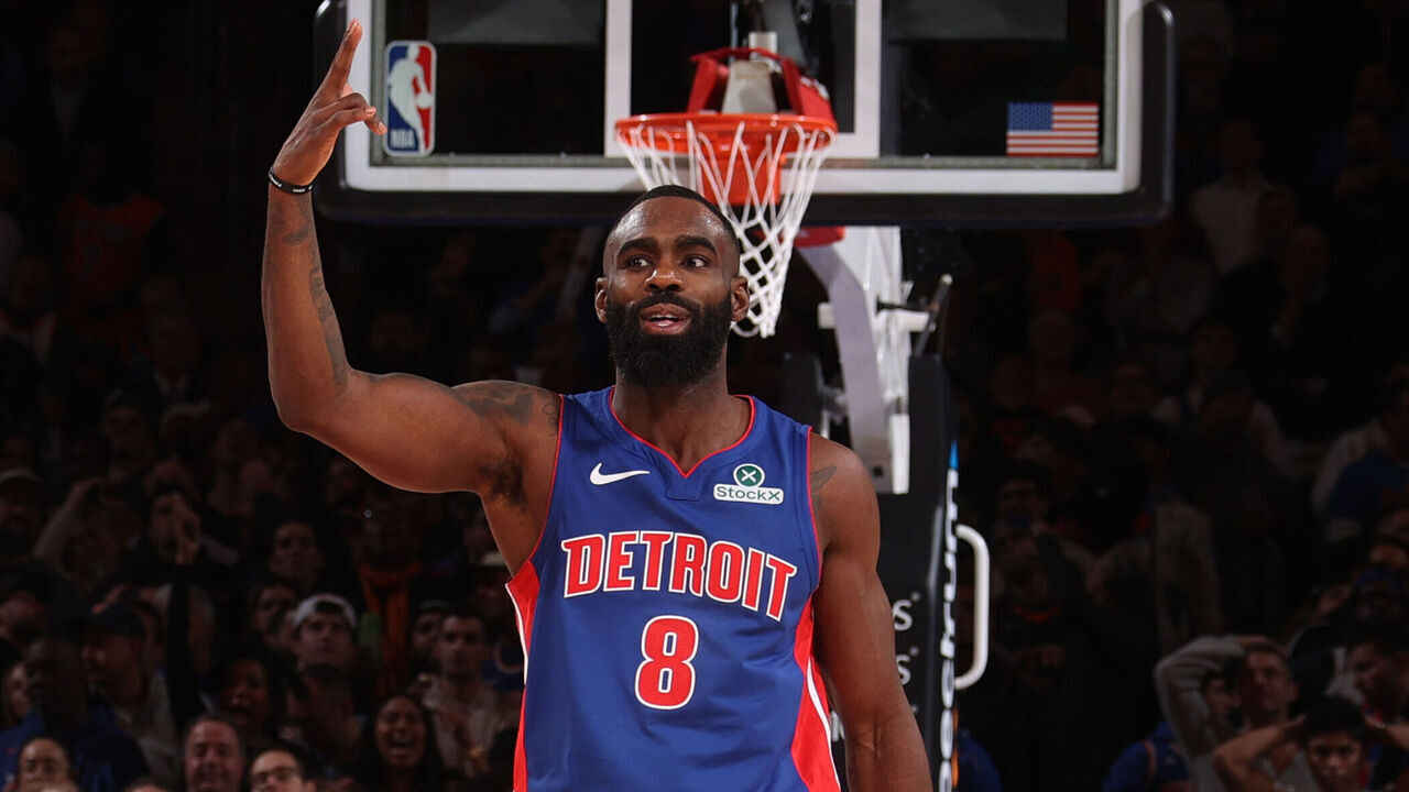 NEW YORK, NY - JANUARY 13: Tim Hardaway Jr. #8 of the Detroit Pistons celebrates during the game against the New York Knicks on January 13, 2025 at Madison Square Garden in New York City, New York. Mandatory Copyright Notice: Copyright 2025 NBAE