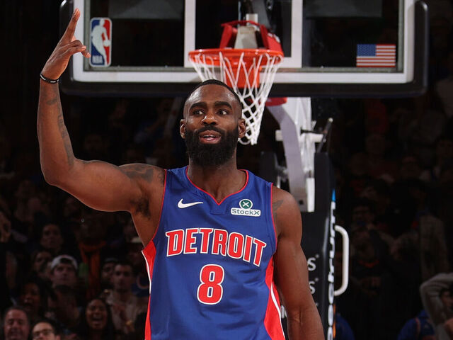 NEW YORK, NY - JANUARY 13: Tim Hardaway Jr. #8 of the Detroit Pistons celebrates during the game against the New York Knicks on January 13, 2025 at Madison Square Garden in New York City, New York. Mandatory Copyright Notice: Copyright 2025 NBAE