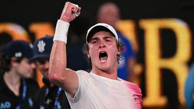 Brazil's Joao Fonseca celebrates beating Russia's Andrey Rublev in their men's singles match on day three of the Australian Open tennis tournament in Melbourne on January 14, 2025.