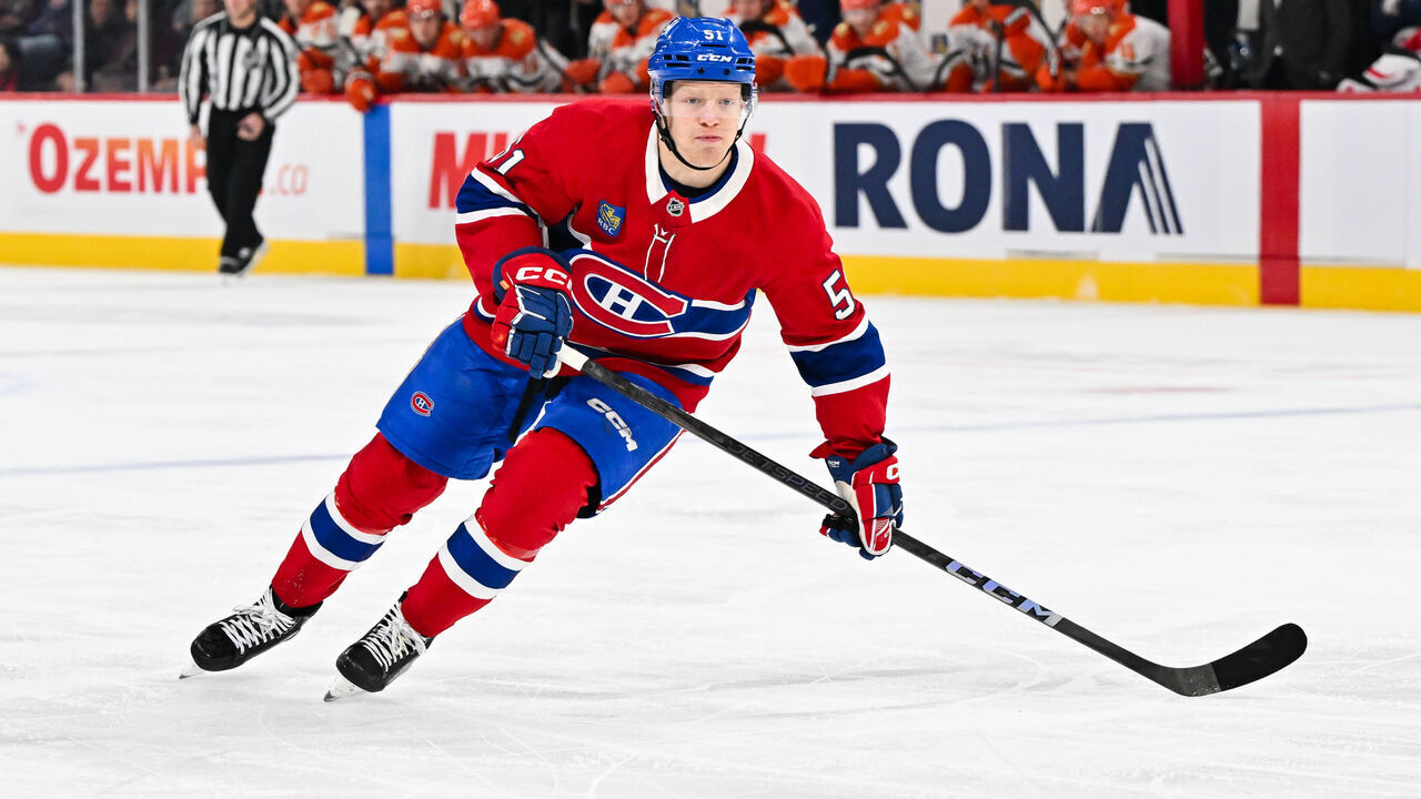 MONTREAL, CANADA - DECEMBER 09: Emil Heineman #51 of the Montreal Canadiens skates during the second period against the Anaheim Ducks at the Bell Centre on December 9, 2024 in Montreal, Quebec, Canada. The Montreal Canadiens defeated the Anaheim Ducks 3-2 in a shootout.