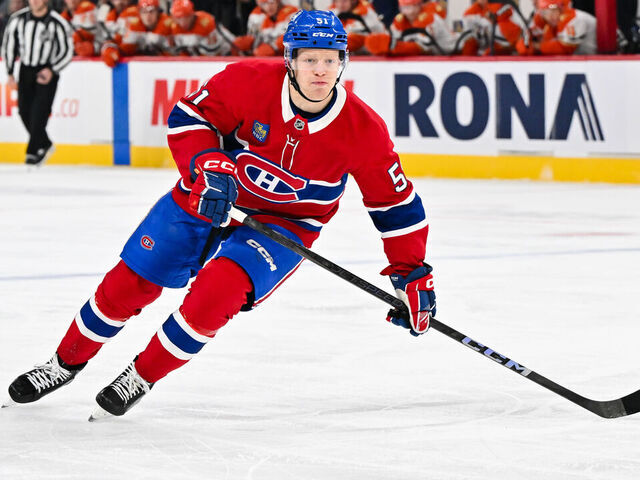 MONTREAL, CANADA - DECEMBER 09: Emil Heineman #51 of the Montreal Canadiens skates during the second period against the Anaheim Ducks at the Bell Centre on December 9, 2024 in Montreal, Quebec, Canada. The Montreal Canadiens defeated the Anaheim Ducks 3-2 in a shootout.