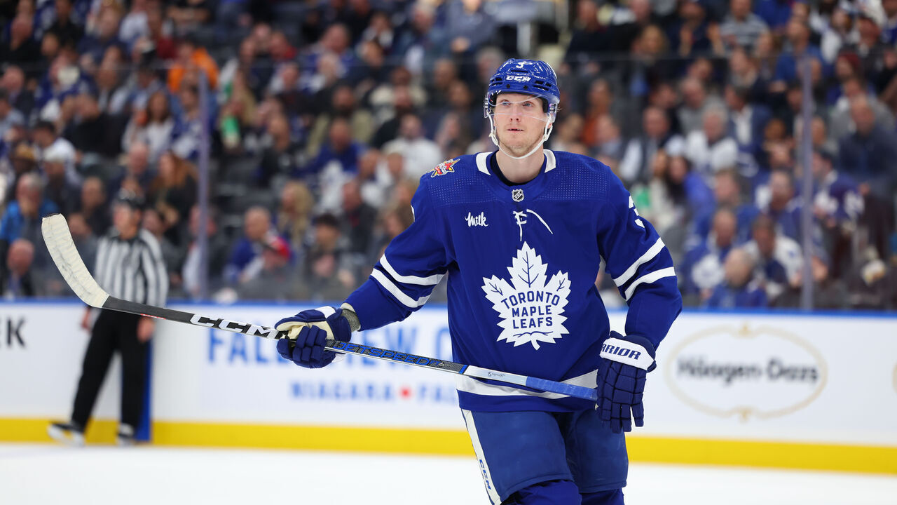 TORONTO, ON - NOVEMBER 06: Toronto Maple Leafs defenseman John Klingberg (3) catches his breath after the whistle in the second period during the NHL regular season game between the Tampa Bay Lightning and the Toronto Maple Leafs on November 06, 2023 at Scotiabank Arena in Toronto, ON.