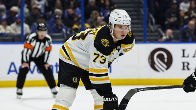 TAMPA, FL - JANUARY 9: Charlie McAvoy #73 of the Boston Bruins against the Tampa Bay Lightning at Amalie Arena on January 9, 2025 in Tampa, Florida.