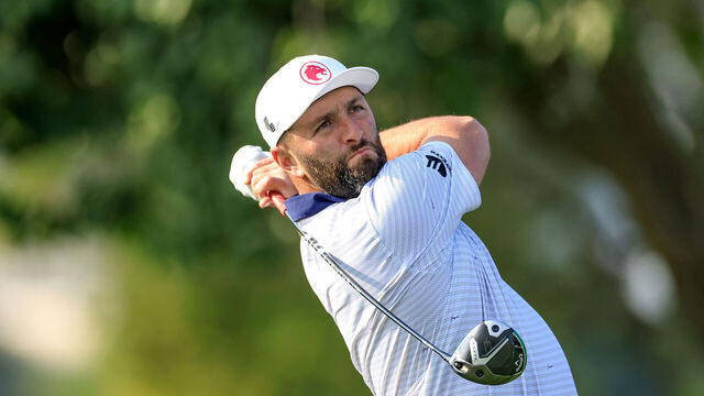 DUBAI, UNITED ARAB EMIRATES - JANUARY 14: Jon Rahm of Spain plays a shot during his practice round prior to the Hero Dubai Desert Classic at Emirates Golf Club on January 14, 2025 in Dubai, United Arab Emirates.
