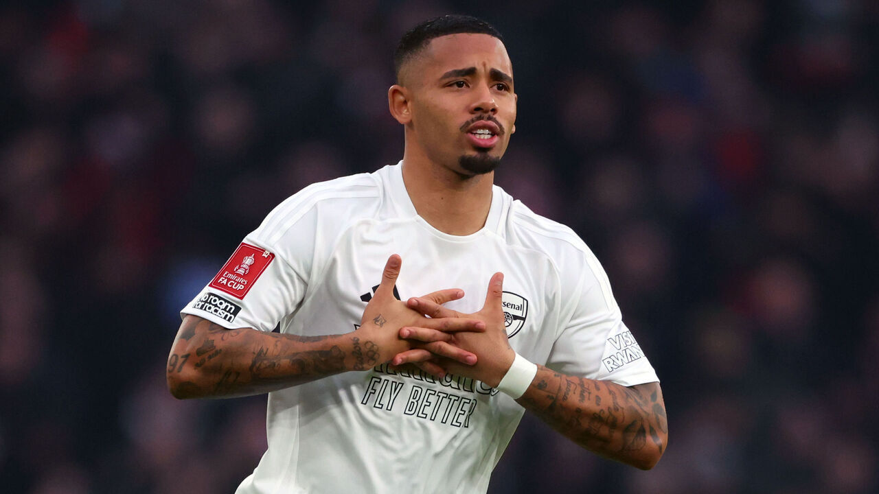 LONDON, ENGLAND - JANUARY 12: Gabriel Jesus of Arsenal during the Emirates FA Cup Third Round match between Arsenal and Manchester United at Emirates Stadium on January 12, 2025 in London, England.