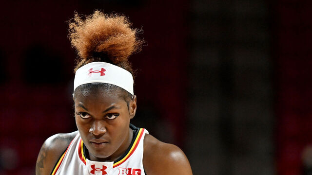 COLLEGE PARK, MARYLAND - DECEMBER 29: Bri McDaniel #24 of the Maryland Terrapins rests during a break in the game against the Michigan State Spartans at Xfinity Center on December 29, 2024 in College Park, Maryland.